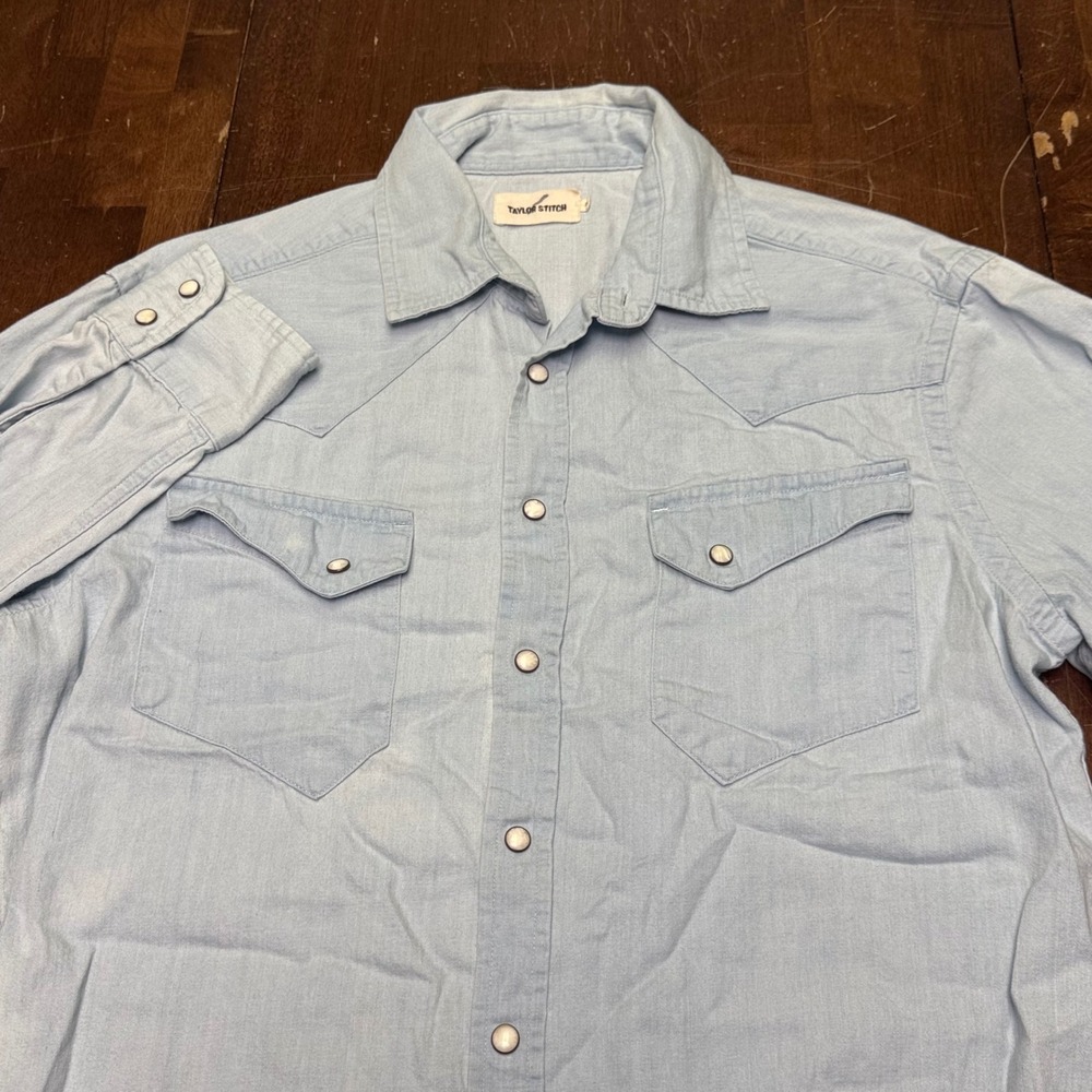 Taylor Stitch Western Shirt Mens 40 Medium Light Blue Organic Cotton Pearl Snap